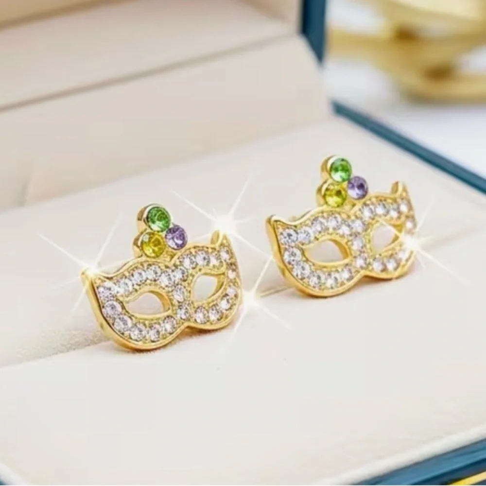 Gold Rhinestone Mask Earrings - Picture 1 of 4